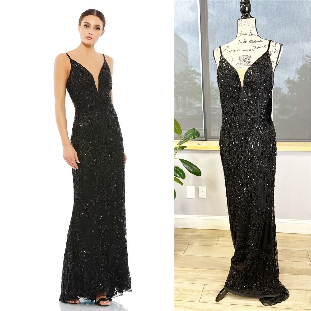 Mac Duggal Plunging V Neck Embellished Leaf Evening Gown Black Size 6